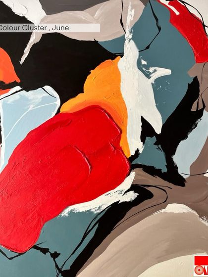 A close-up of a 'Colour Cluster' abstract painting, showing the texture and layering of bold red, orange, and blue acrylics. This piece is about the pure energy and emotion of color.