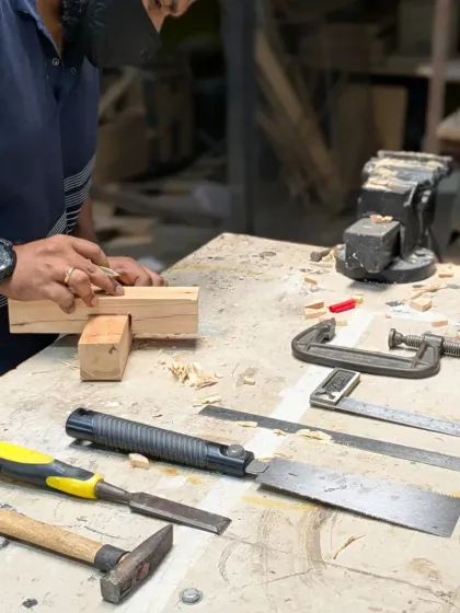 The workbench setup for our one-day joinery workshop. You get to work with Japanese saws, chisels, and measuring tools to create your first project in Pine wood.