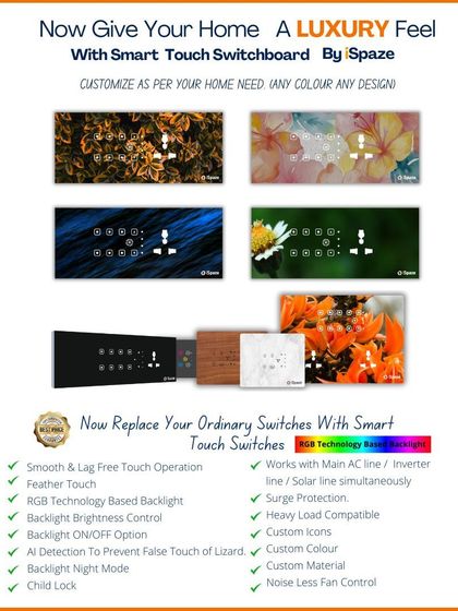 Give your customers' homes a luxury feel with customized smart switchboards. This graphic shows a range of design possibilities, from floral patterns to abstract art.