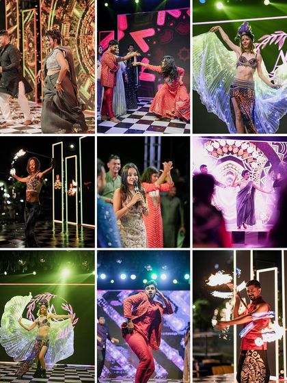 A collage showcasing the variety of entertainment at a Sangeet, from belly dancers and fire performers to the couple's own dance. We manage it all.