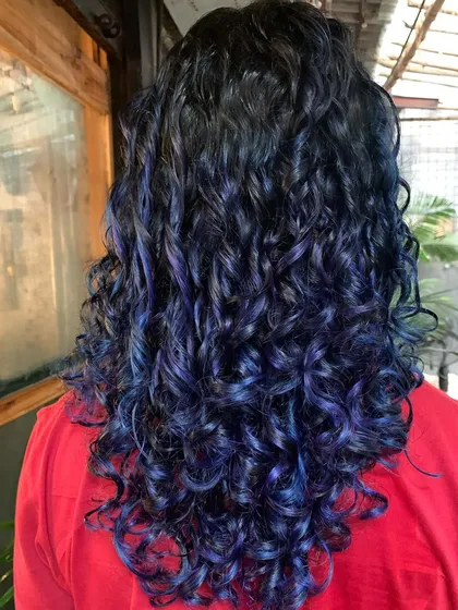 Another angle of the blue and purple curls, showing the beautiful blend of the two jewel tones.