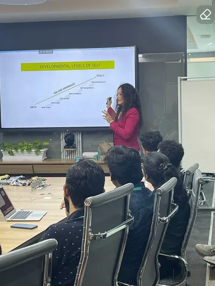Pointing to the 'Developmental Levels of Self' chart. Using visual aids and structured frameworks helps make complex psychological concepts more accessible and easier to apply.