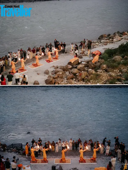 The magical Ganga Aarti ceremony from Shefali and Krisheth's wedding, as seen in Condé Nast Traveller. This collage captures the spiritual ambiance of their riverside celebration.