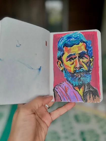 A vibrant portrait study using acrylic markers. I love experimenting with unconventional colours, like the bright blue hair and yellow highlights, to create a striking and energetic piece.