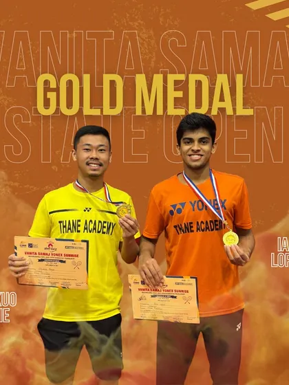 Ian Lopes and Zhakuo Seyie with their Men's Doubles gold medals from the Vanita Samaj Open State Tournament.