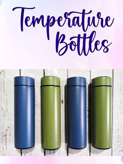 The temperature display bottles come in several sleek, solid colors like blue and green. The lid has a digital screen that shows the liquid's temperature.