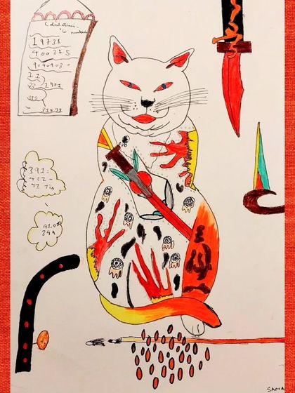 A whimsical and imaginative take on Japanese cat art. This piece is full of interesting symbols and a bold color palette, showcasing the student's creativity.