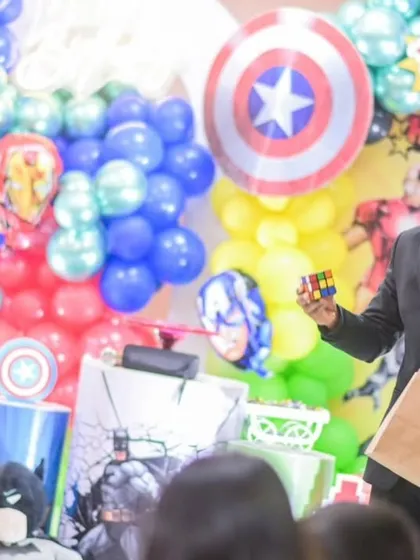I always try to match the energy of the party. This was a fun superhero-themed birthday where I performed some mind-bending Rubik's cube magic. It's a trick that leaves both kids and adults completely baffled.