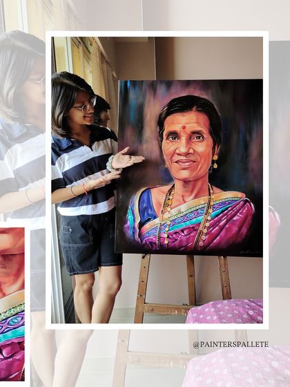 Here I am with the large 24" x 30" canvas, showing the scale of the portrait. It's always exciting to start on a big piece like this.