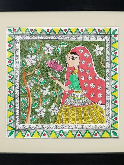 A woman in traditional attire tends to a flowering plant in this narrative Madhubani painting by Neha Kumari. The artwork tells a simple story through its figures and rich, decorative patterns.