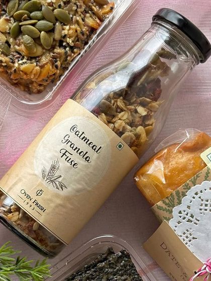 A close-up of my Oatmeal Granola Fuse, packed in a reusable glass bottle. It's a healthy and delicious part of many of my curated gift hampers.