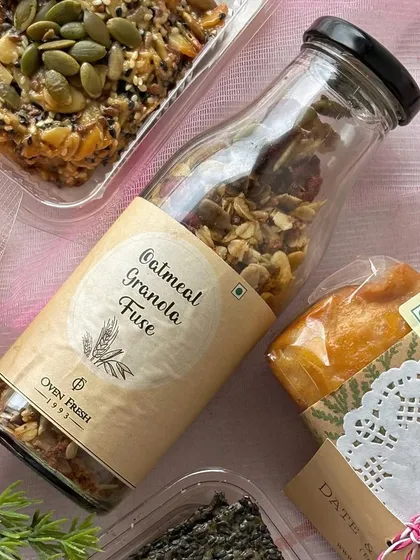 A close-up of my Oatmeal Granola Fuse, packed in a reusable glass bottle. It's a healthy and delicious part of many of my curated gift hampers.