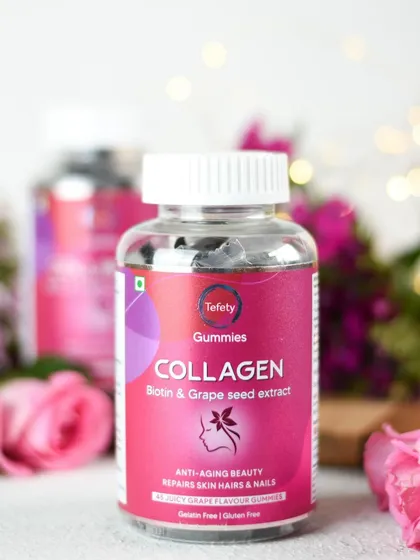 We photographed these collagen gummies with a soft, floral background to emphasize their beauty-enhancing benefits. The bokeh lighting adds a dreamy quality, connecting the supplement to healthy hair and skin.