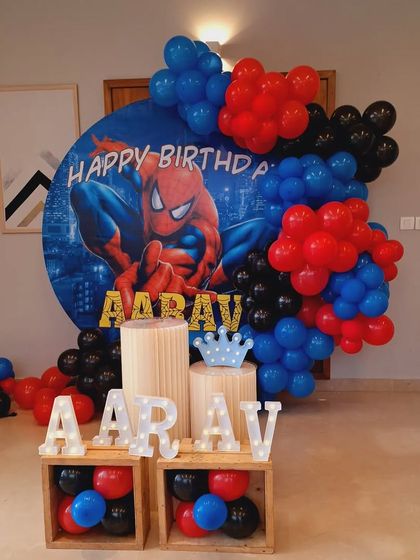 A close-up of the Spiderman birthday setup, showing the custom backdrop and balloon arrangement. I use bold red, blue, and black balloons to match the superhero party theme perfectly.