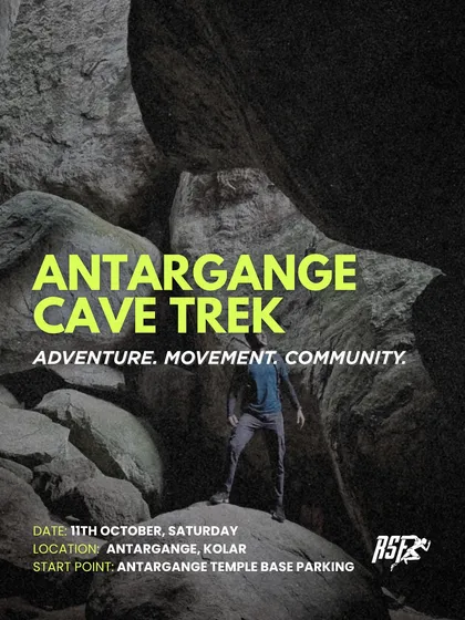 We take fitness beyond the gym walls. This poster announces our Antargange Cave Trek, an event combining adventure, movement, and community.