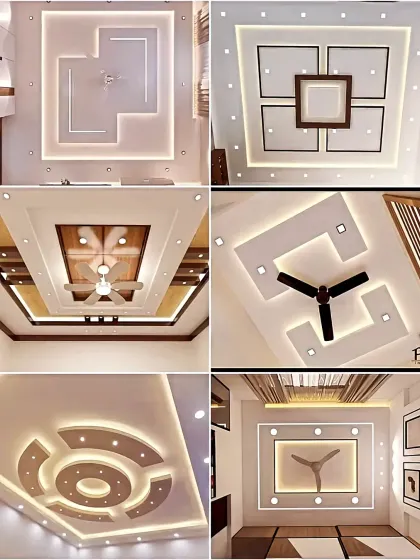 This collage showcases a variety of modern ceiling designs I can create. It includes everything from simple tray ceilings with fans to more complex geometric patterns with integrated lighting.