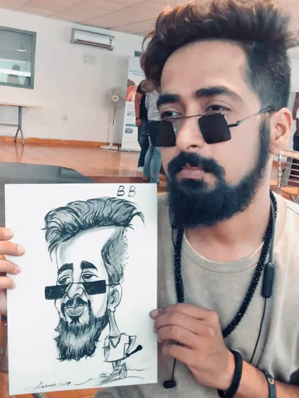 I caught his vibe and captured his style in strokes and smiles. This guest's cool attitude shines through in his caricature.
