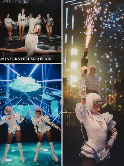 An interstellar affair. This collage showcases the incredible performers in their futuristic costumes, from dancers doing splits to another firing a sparkler gun, adding to the cosmic theme of the night.