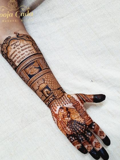 Your love story, written in henna. This design beautifully captures the journey of two classmates who became soulmates, with custom text that tells their unique story from friendship to forever.