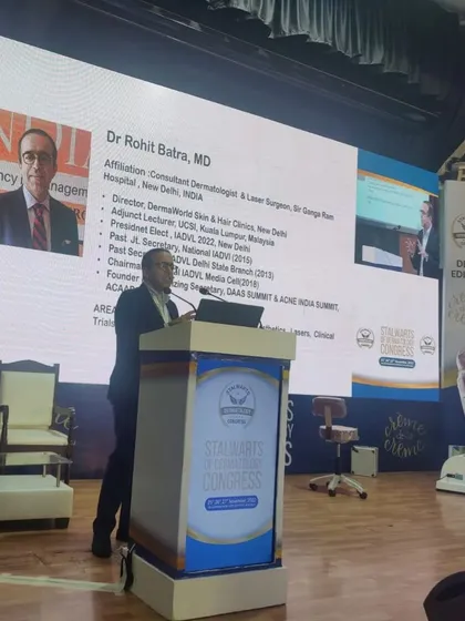 On stage delivering a talk on the latest technologies and safety protocols for laser hair removal. My goal is to educate budding dermatologists on how to achieve the best outcomes for their patients.