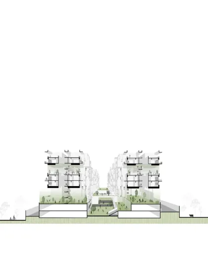 A sectional drawing of Aurum Avenue, showing how the apartment buildings are designed to create a vibrant, active streetscape with green spaces and pedestrian pathways. These drawings are essential for understanding the human scale of a large project.
