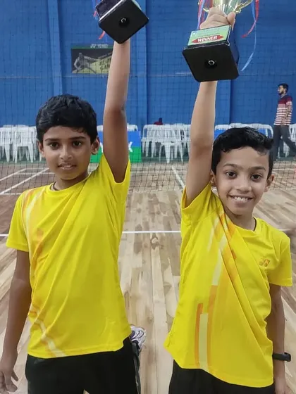 Pure joy and victory. Our U-11 boys, Ashlon and Pragnay, hold their trophies high after winning the state level tournament in Sangli.