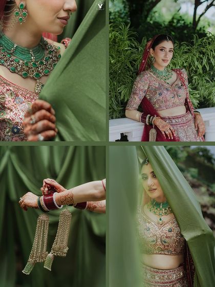 A collage of bridal portraits focusing on the details of her green and red lehenga. From her emerald jewelry to her kaleeras, these shots showcase the beauty of her bridal attire.