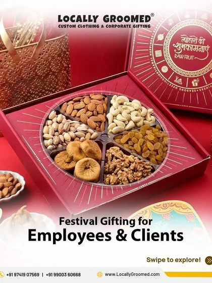 Festive gifting is a chance to share joy and appreciation. This beautifully arranged dry fruit hamper, presented in an elegant box with traditional Indian motifs, is a perfect example of how we help clients celebrate festivals like Diwali with their teams.