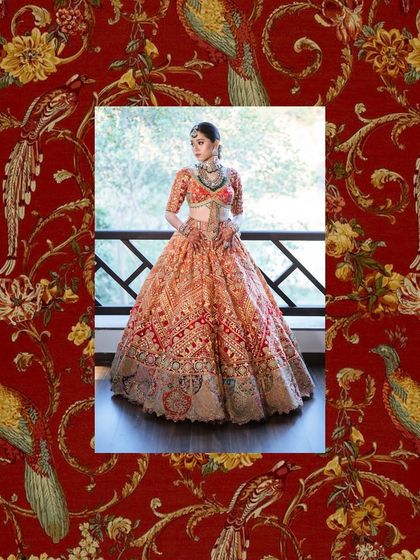 An artistic edit of a bride's full-length portrait, framed by a pattern inspired by her lehenga.