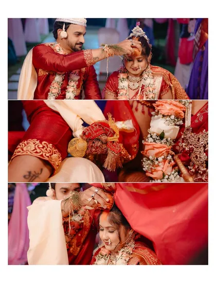 A close-up collage of the wedding rituals, showing the groom applying kumkuma and the tying of knots, focusing on the symbolic details of the ceremony.