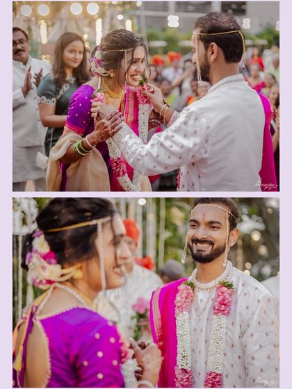 A sequence of the groom tying the mangalsutra, capturing the bride's happy and emotional reaction.
