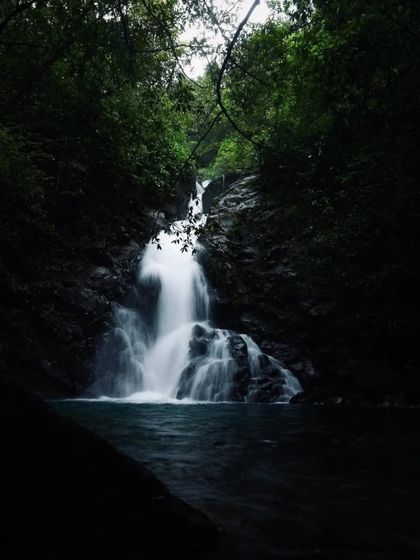 The dark, cool waters of a hidden waterfall pool in North Canara, perfect for a refreshing dip after a long trek.