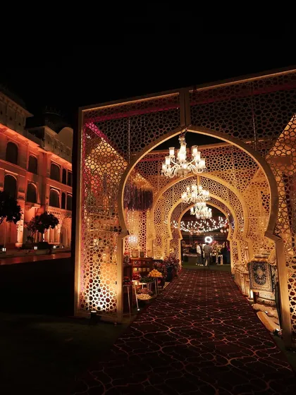 I love transforming spaces to tell a new story. For this Sufi Sangeet, we created an immersive Moroccan bazaar, with a grand arched passageway that transported guests to the souks of Marrakech, glowing under the Jaipur night sky.