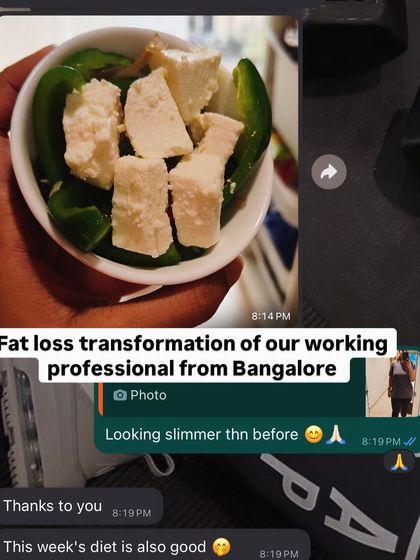 "This week's diet is also good." A happy client from Bangalore enjoying her fat loss transformation with our sustainable plan for working professionals.