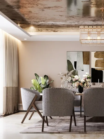 A dining area in a London residence, defined by a dramatic, textured ceiling that reflects the light from the linear chandelier. The render creates a moody and luxurious atmosphere.