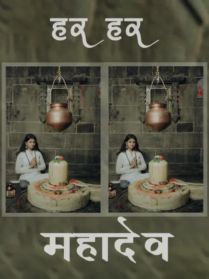 A graphic composition with the sacred chant 'Har Har Mahadev', featuring a devotee in prayer before a Shiva Lingam.