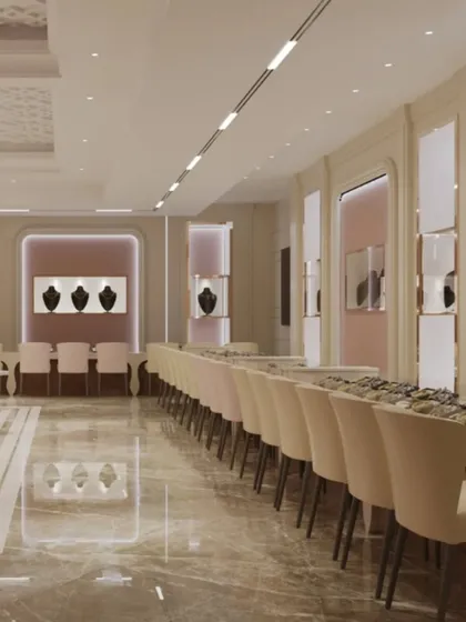 The main sales floor of Batukbhai Jewellers, designed for a seamless and elegant customer journey. We used long, clean counters and comfortable seating, with soft pink back-paneled displays to create a warm and inviting atmosphere for browsing.