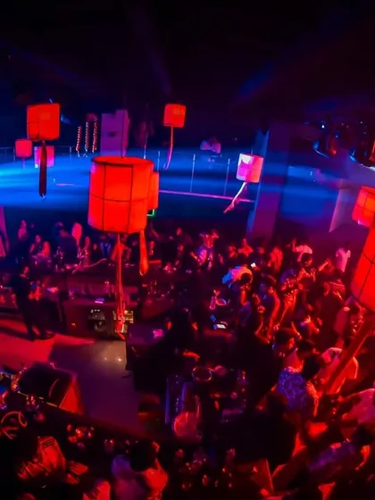 A wide shot of the club during our Tara Sitara set, with lights and visuals creating an immersive experience.