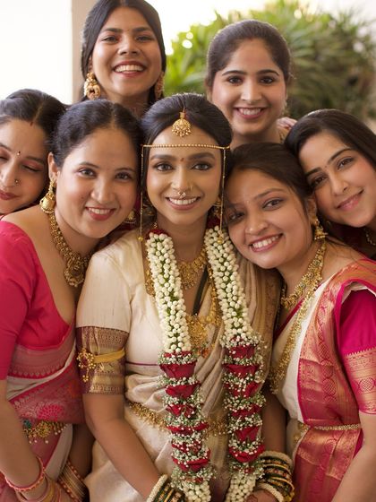 A bride shares a happy moment with her bridesmaids. The smiles and laughter show the strong bond of friendship.