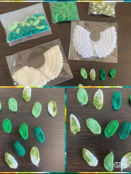 A behind-the-scenes look at an order for a boutique, featuring my crochet collars and handmade leaf appliques in various shades of green.