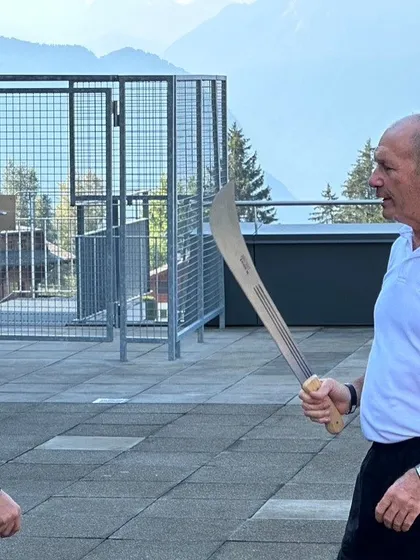 We learn directly from the source. Here, one of our Indian instructors trains with Krav Maga founder, Master Eyal Yanilov, at a KMG mountain camp in Switzerland, practicing techniques with a machete to understand edged weapon defense.