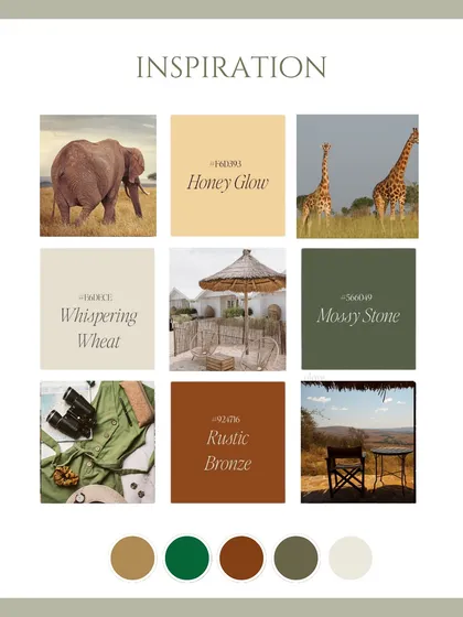 The inspiration and color palette for the safari sundowner. We chose earthy tones like 'Honey Glow', 'Mossy Stone', and 'Rustic Bronze' to create a warm, natural, and adventurous atmosphere.