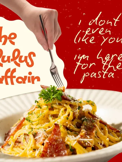 This is what we call the Lulu's Affair. Our pasta dishes, like this rich and savory carbonara, are made to be indulgent, memorable, and the talk of the party.