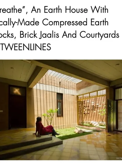 This publication feature highlights the core concepts of the 'Breathe' house. The design integrates locally-made compressed earth blocks, brick jaalis, and courtyards to create a sustainable and breathable living environment.