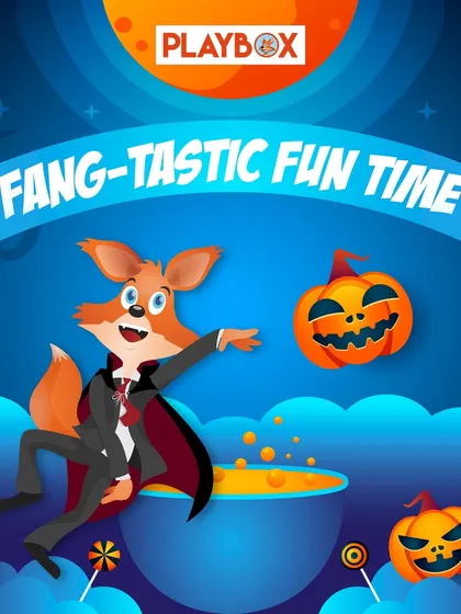 Our "Fang-Tastic Fun Time" graphic for the annual Halloween party, featuring J the Fox in his vampire costume.