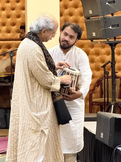 A precious moment with my Guruji, Pt. Yogesh Samsi ji. His guidance is the light that illuminates my path in music, and I strive to pass on his wisdom in my own teaching.