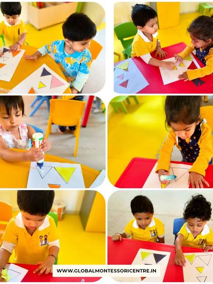 A collage showing several children working on their shape-based crafts. Each child's unique creation reflects their individual learning process and artistic expression.