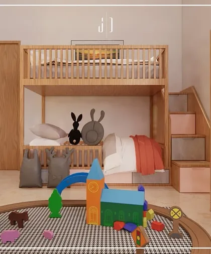 Designing for children is about creating a world of imagination and practicality. This 3D visualization shows a kid's room with a custom bunk bed, integrated study area, and plenty of smart storage. I design these spaces to be safe, fun, and able to grow with your child.