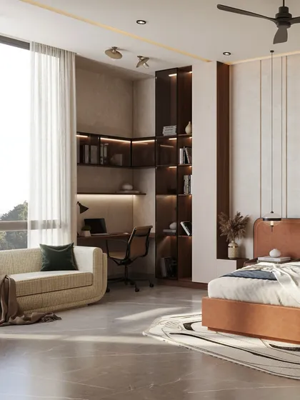 A wider view of the study nook, showing its seamless integration with the rest of the bedroom. The design is tactile, warm, and visually rhythmic.