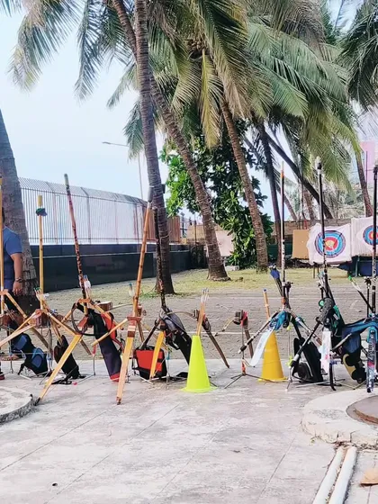The archery range set up for our Dasara celebration. It's a special day of reverence and community bonding.